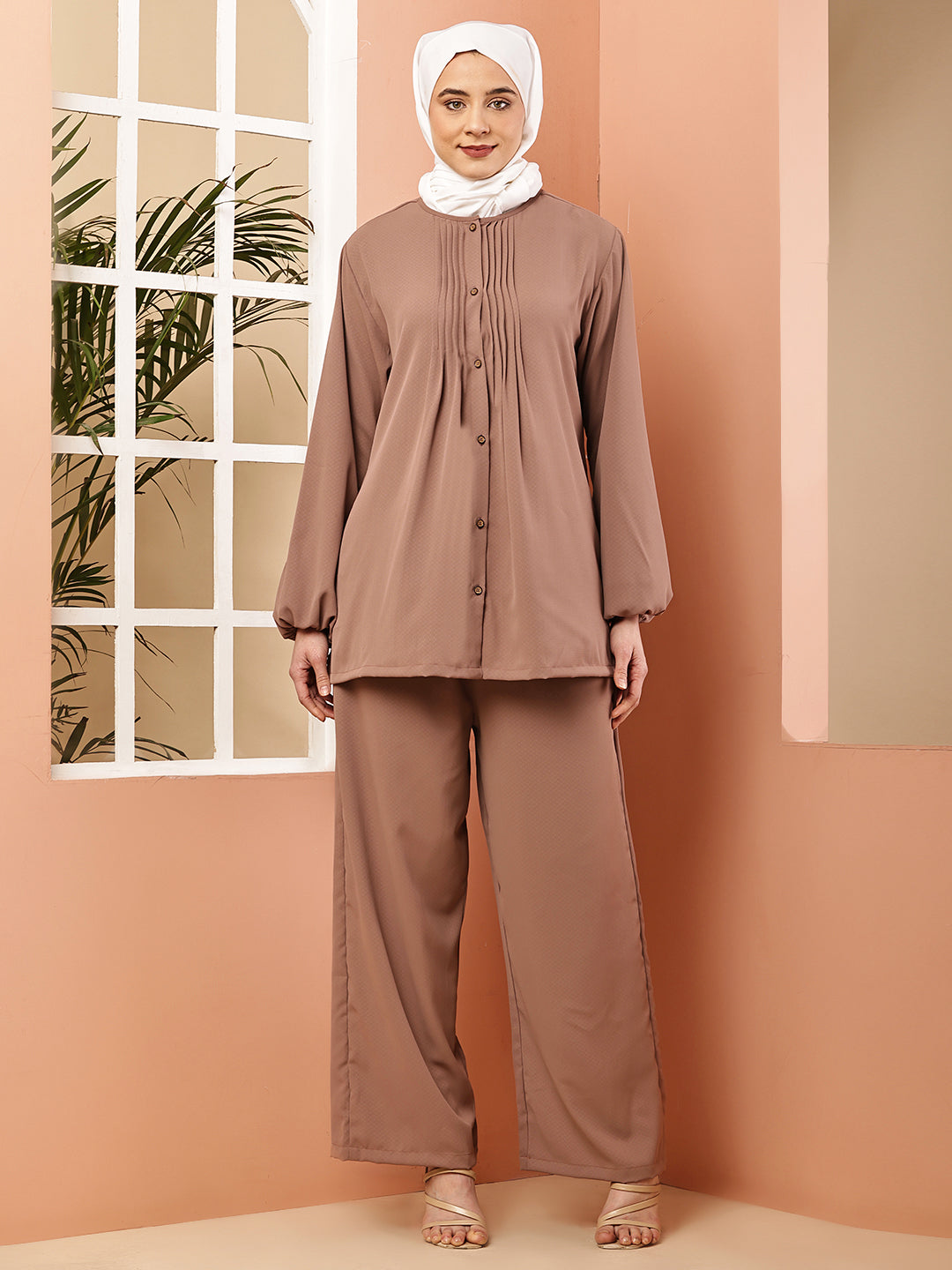 Camel Brown Pleated Luxe Co-Ord Set