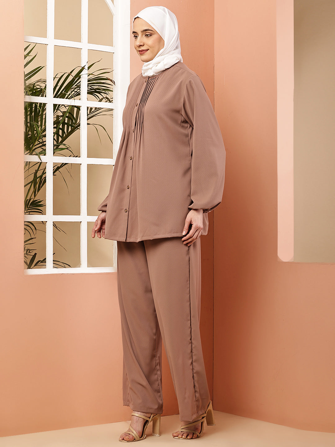 Camel Brown Pleated Luxe Co-Ord Set