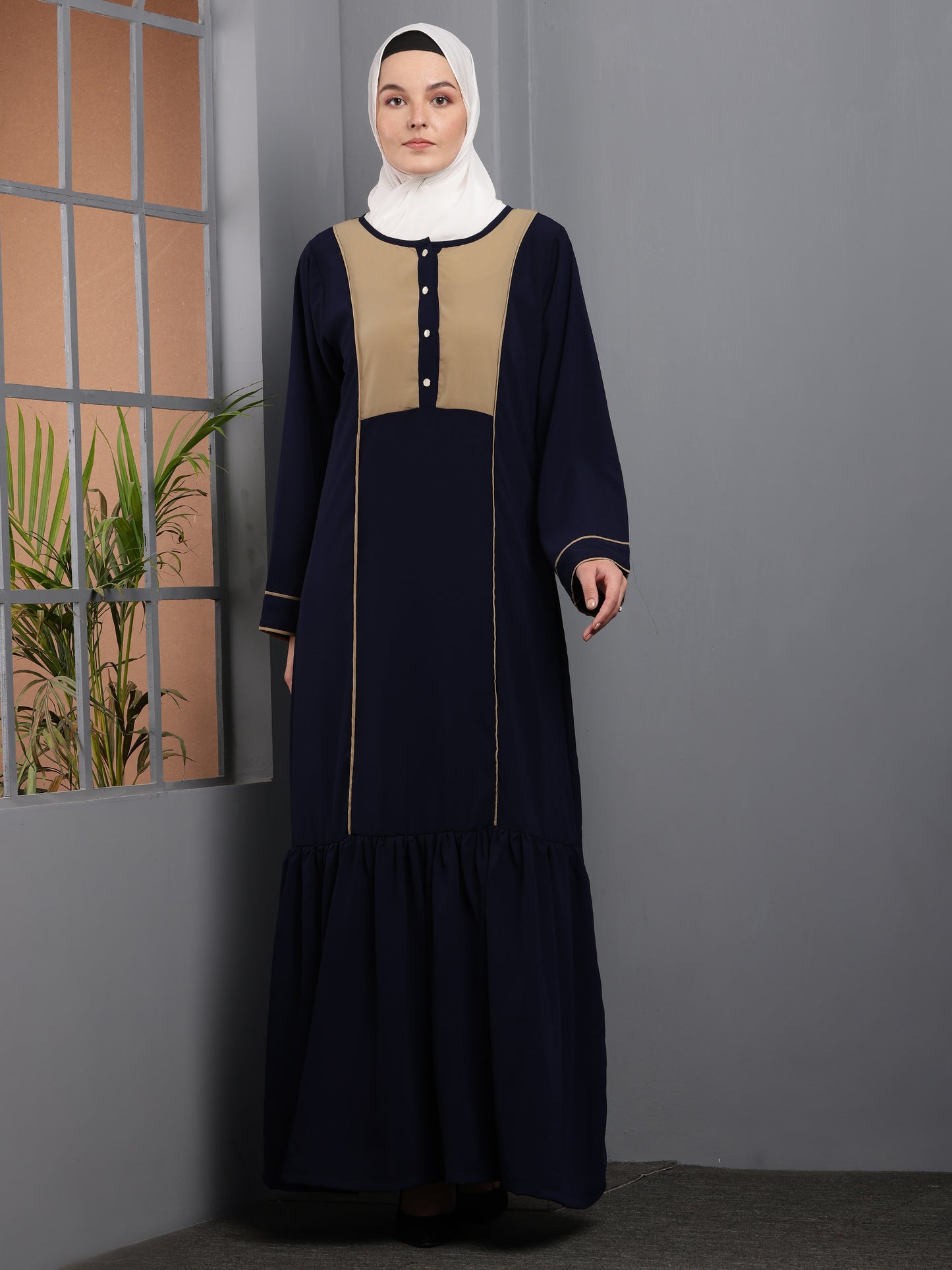 Navy Elegance Contrast Panel Abaya