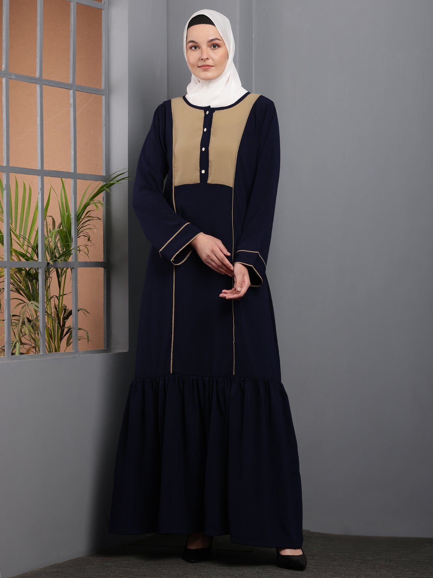 Navy Elegance Contrast Panel Abaya