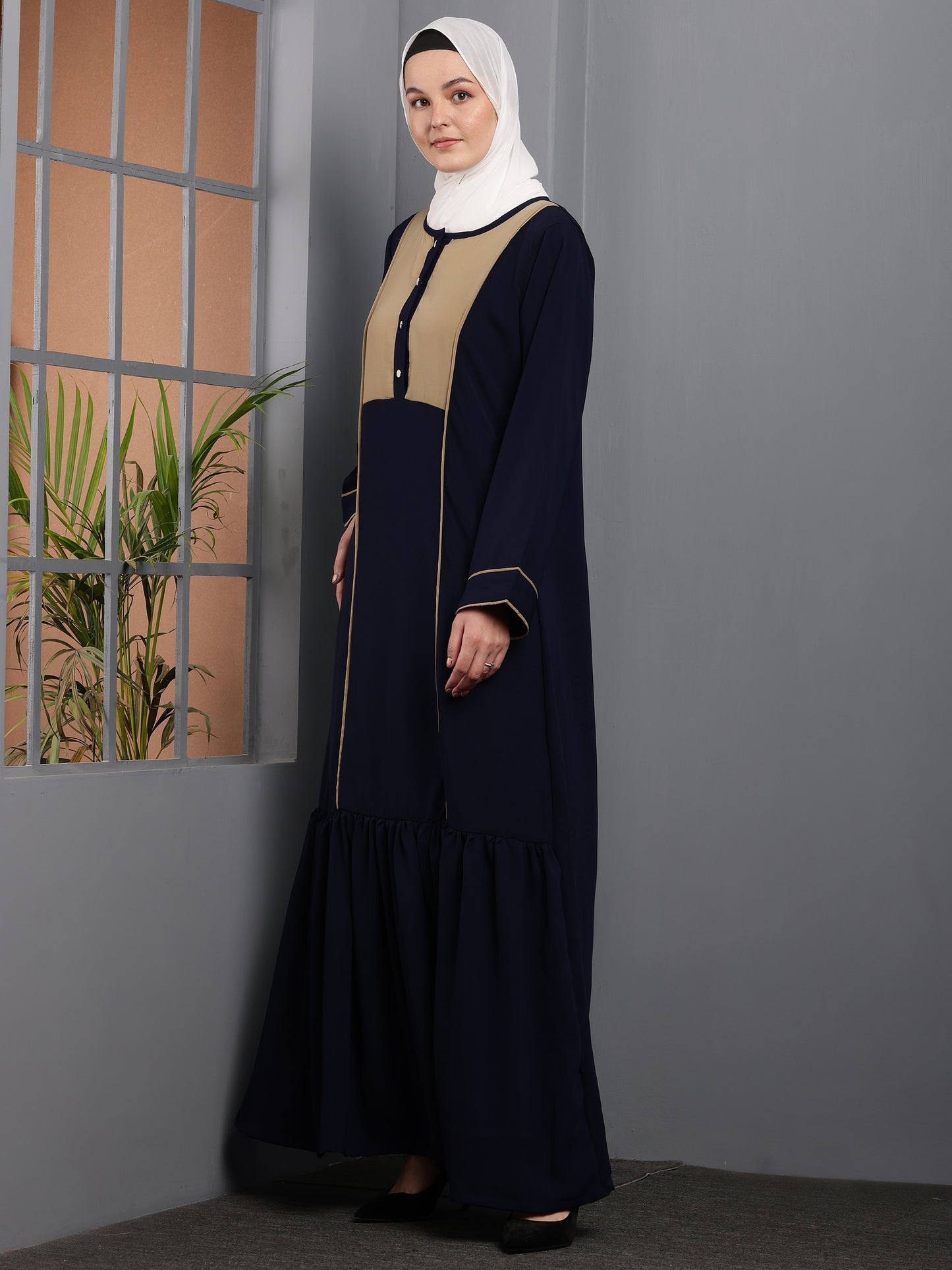 Navy Elegance Contrast Panel Abaya