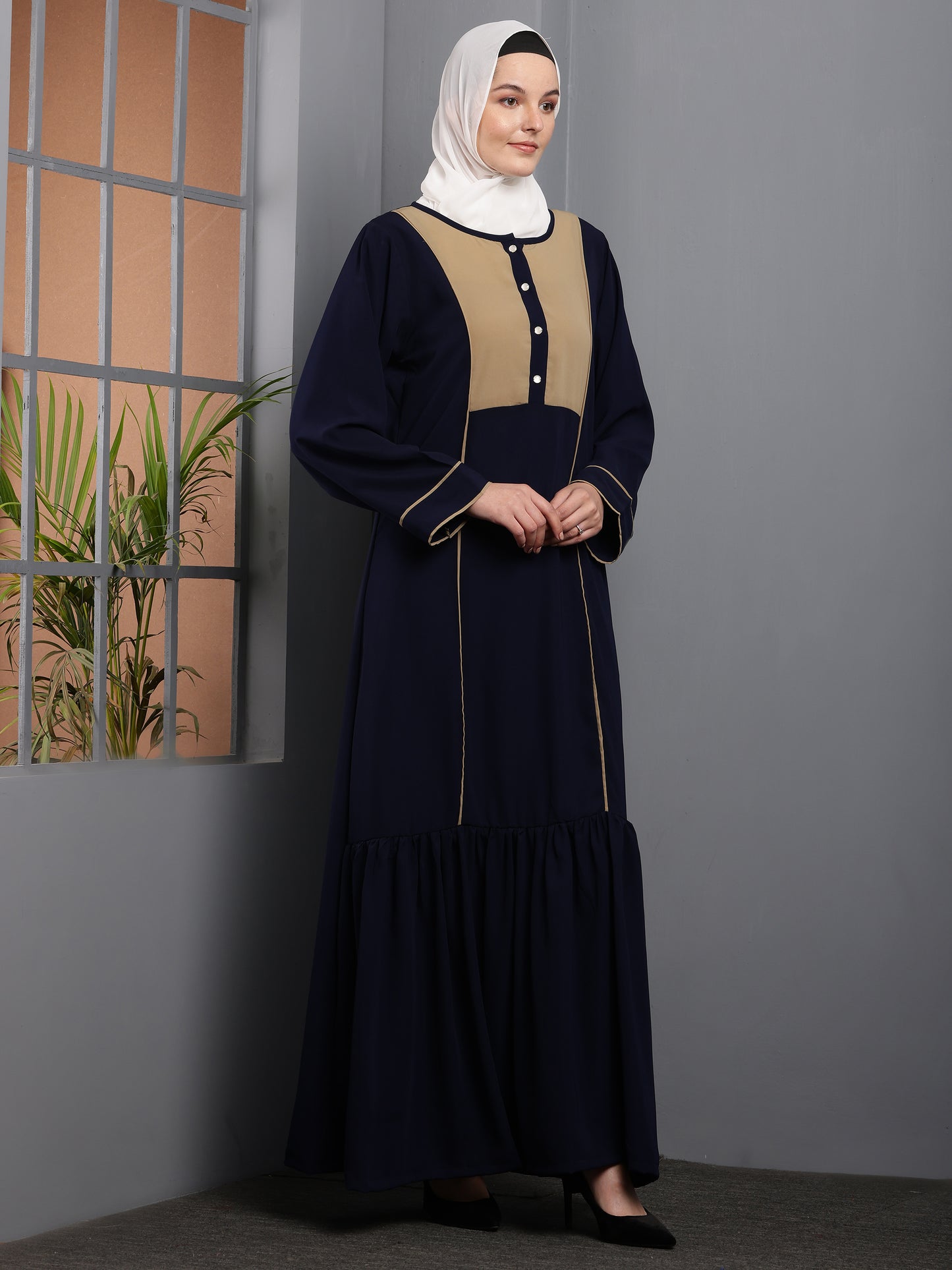 Navy Elegance Contrast Panel Abaya