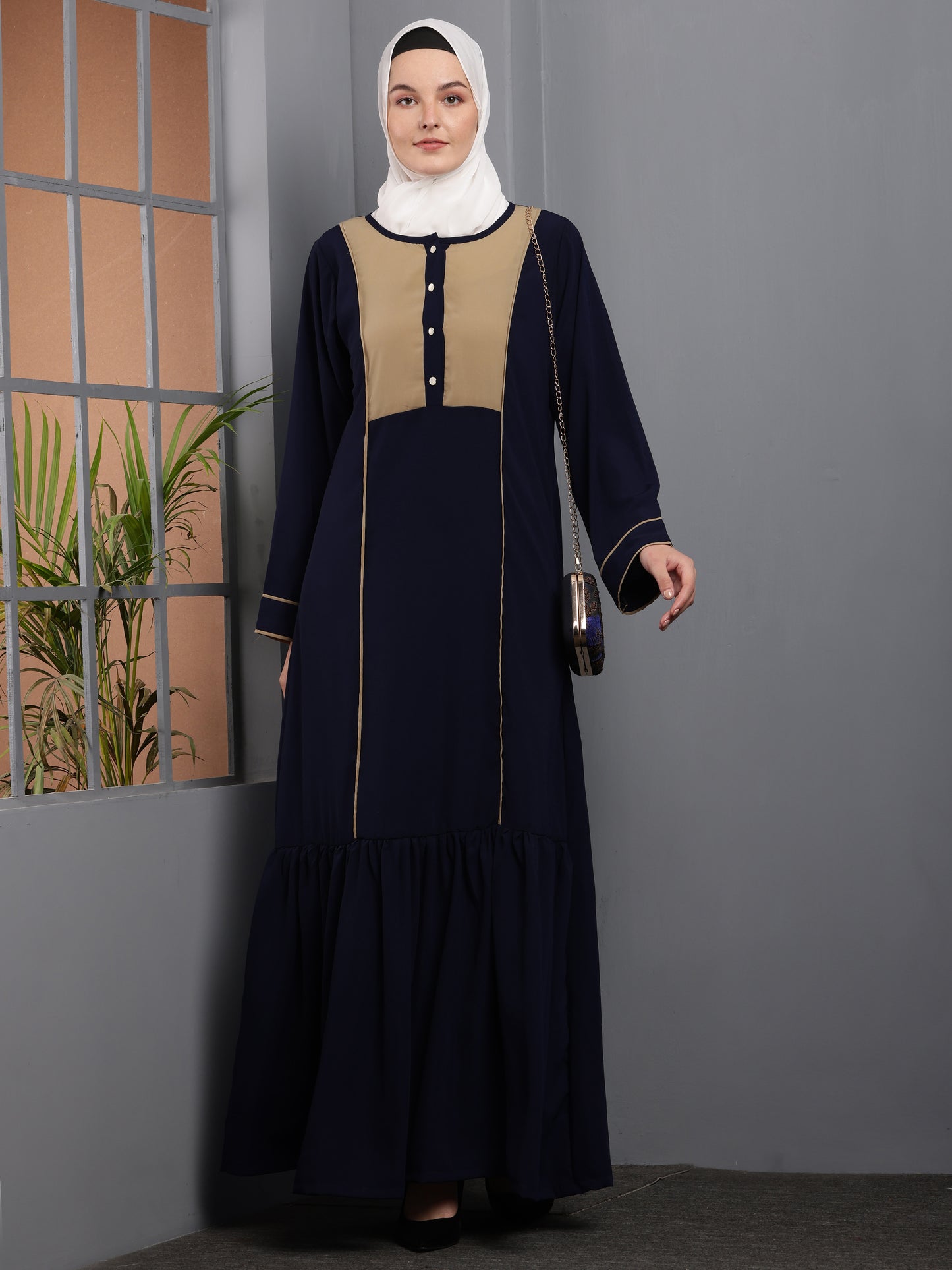 Navy Elegance Contrast Panel Abaya