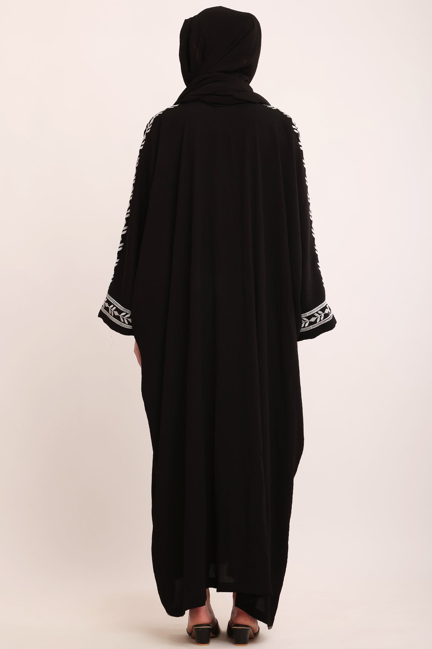 Black Embroidered Open Abaya with Leaf Detail