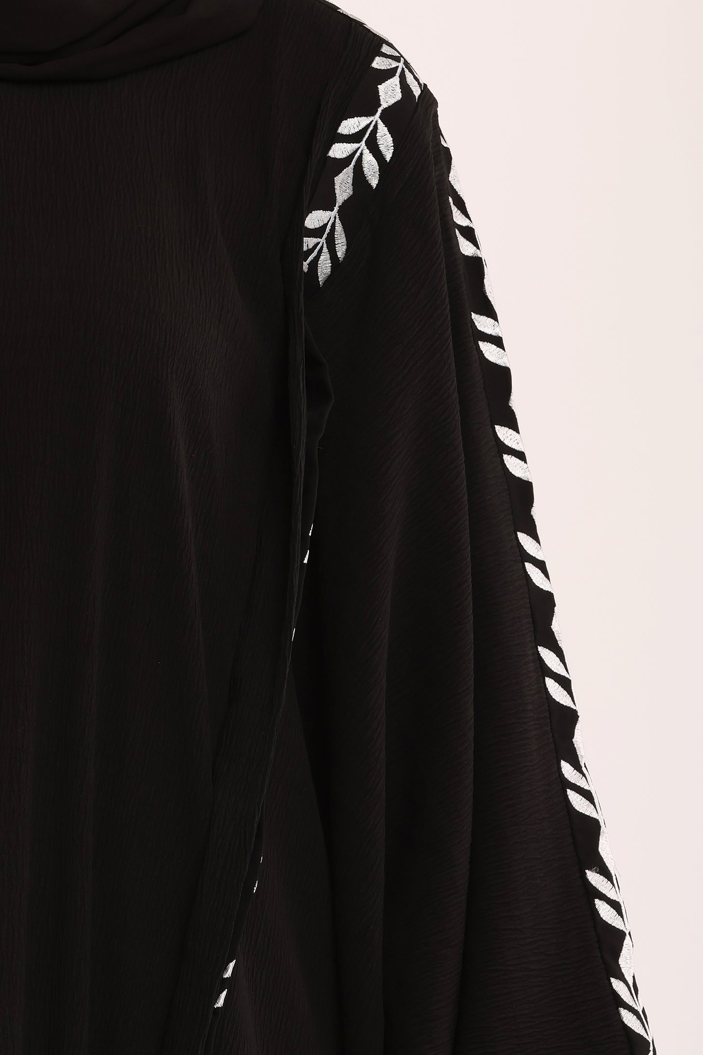 Black Embroidered Open Abaya with Leaf Detail