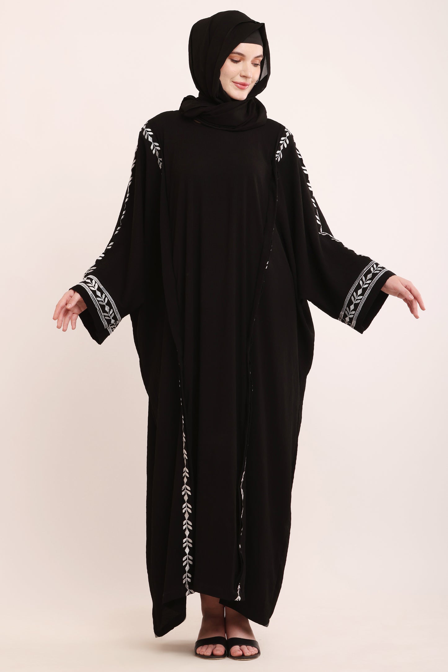 Black Embroidered Open Abaya with Leaf Detail