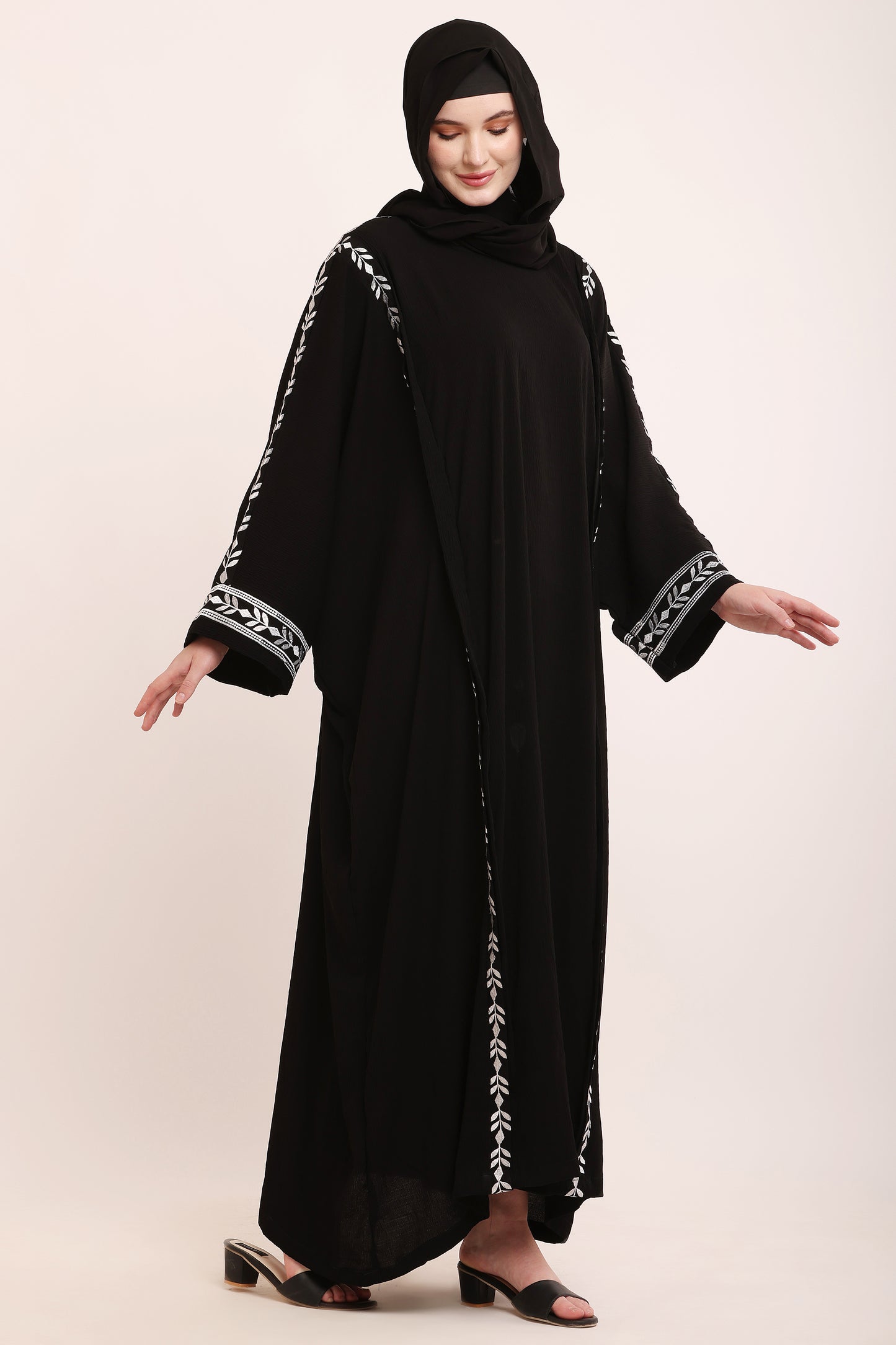 Black Embroidered Open Abaya with Leaf Detail