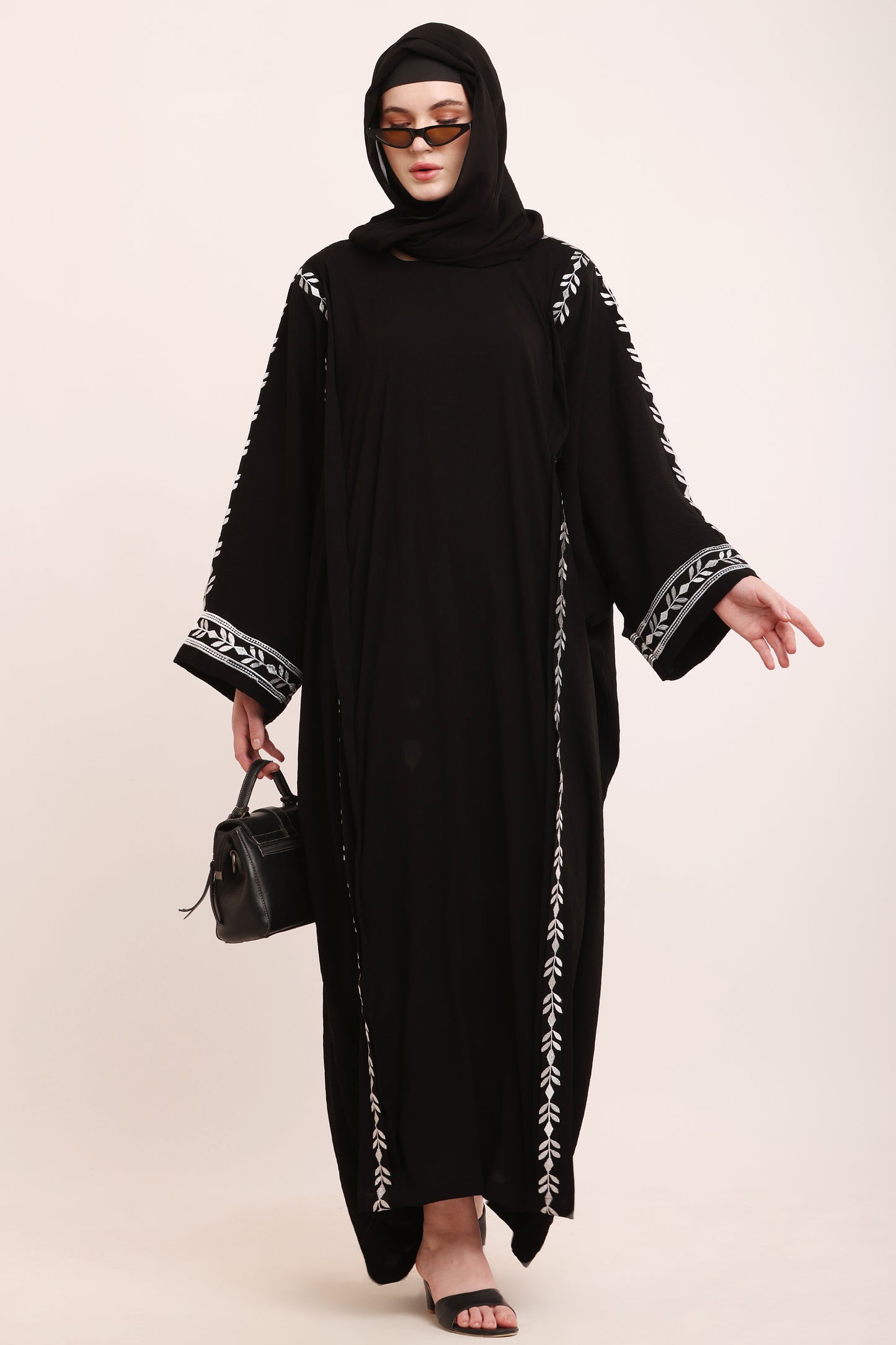 Black Embroidered Open Abaya with Leaf Detail