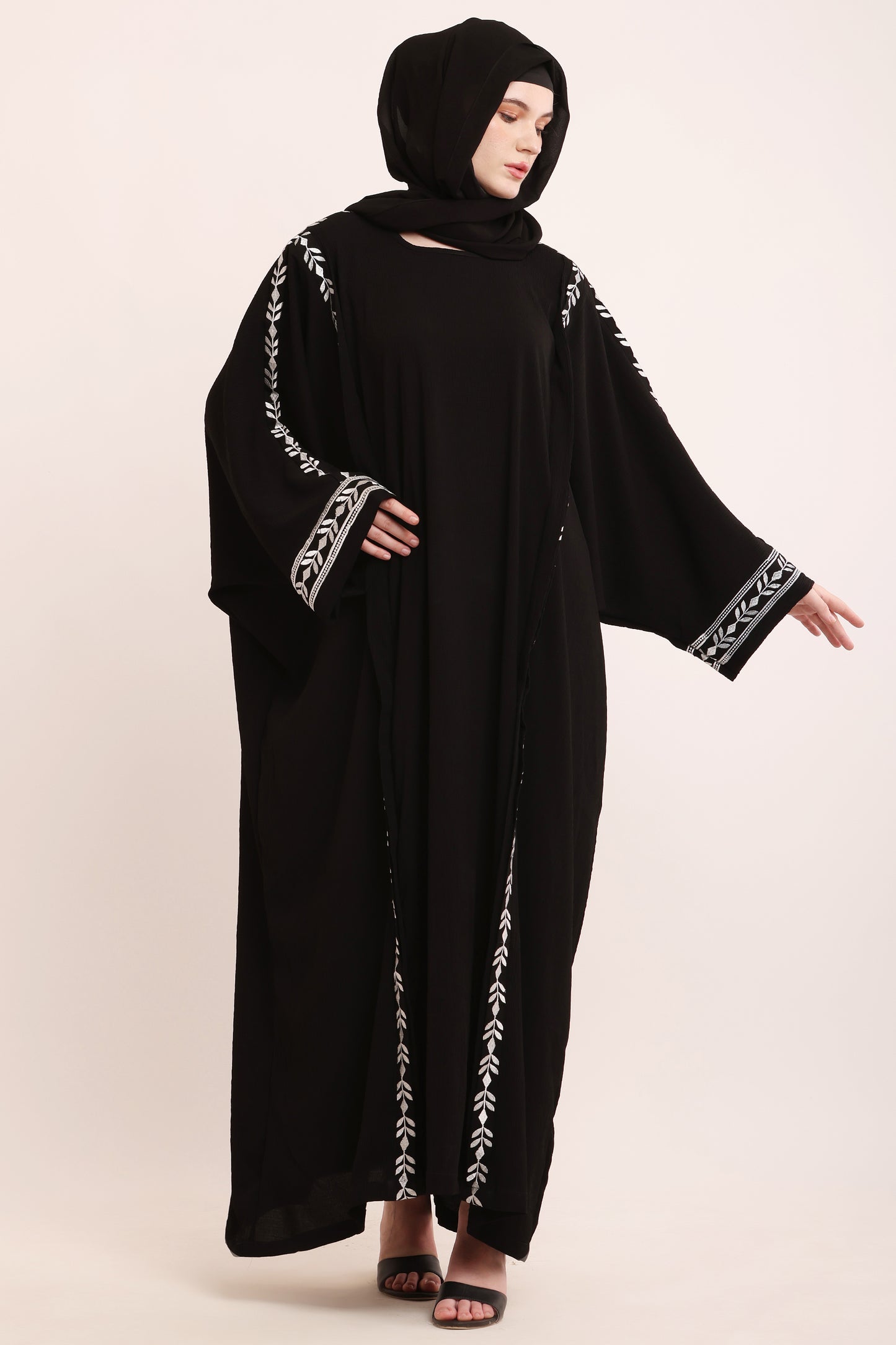 Black Embroidered Open Abaya with Leaf Detail