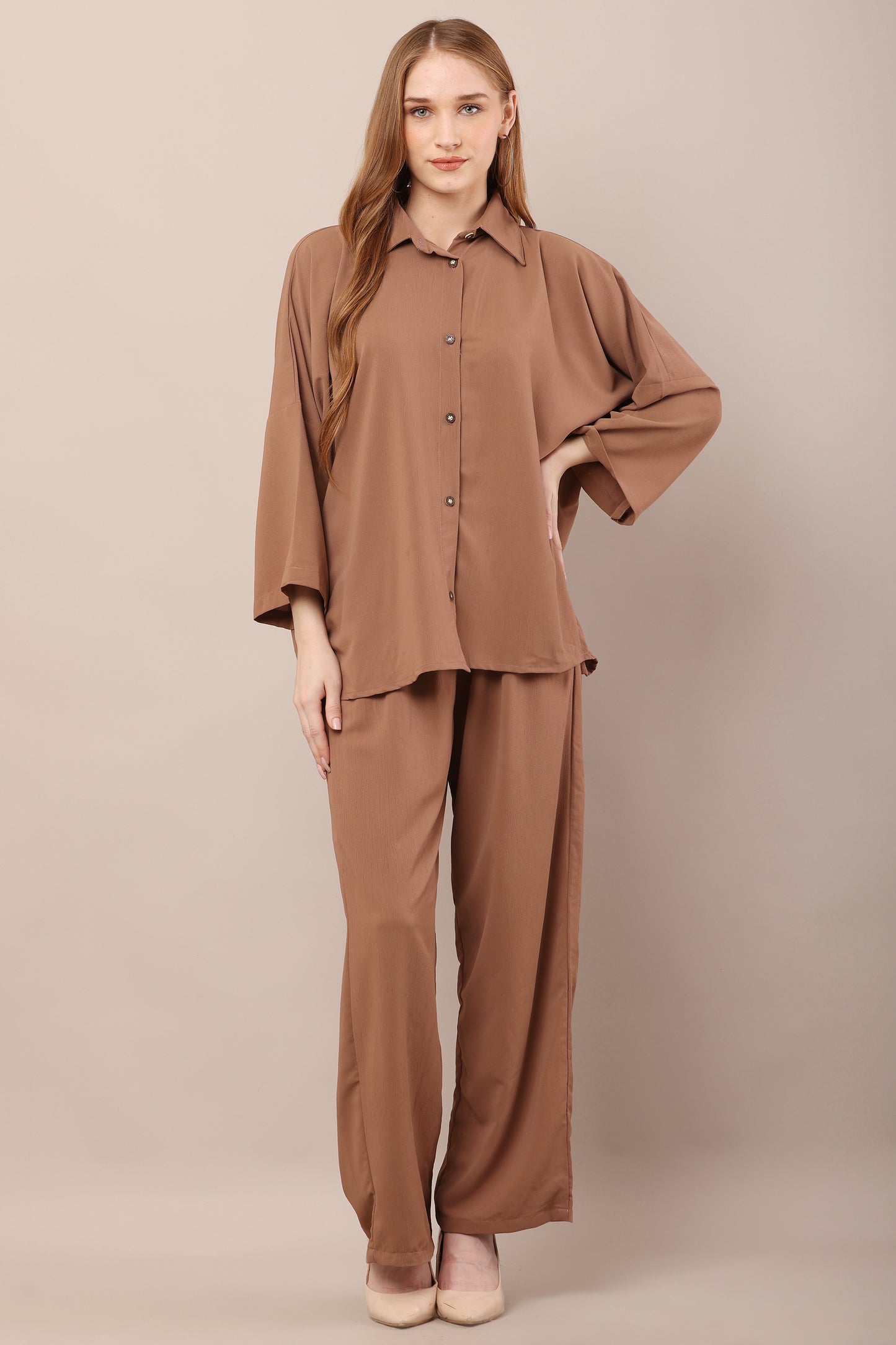 Camel Bliss Co-Ord Set – Relaxed Fit Shirt & Pants Ensemble