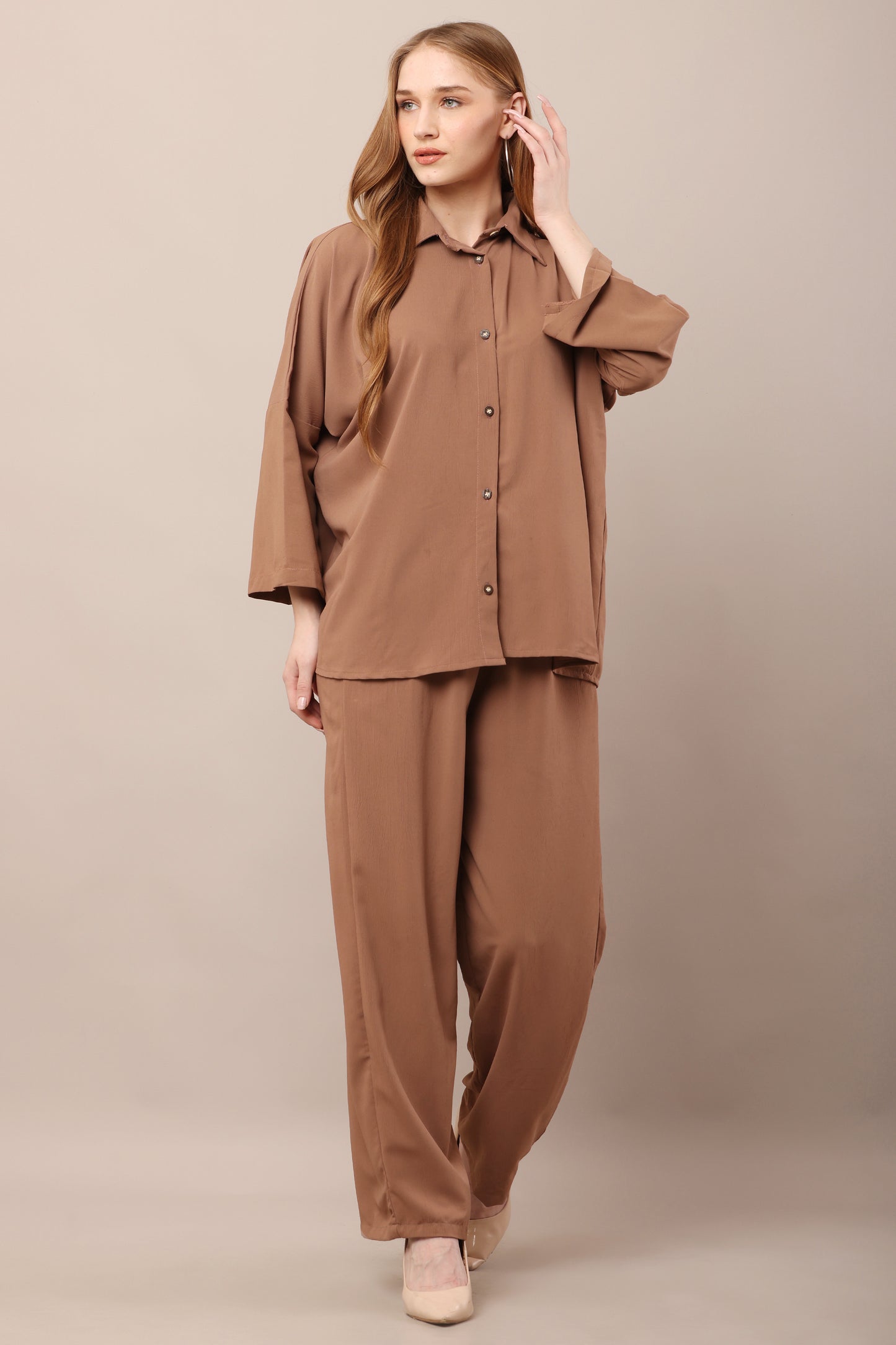 Camel Bliss Co-Ord Set – Relaxed Fit Shirt & Pants Ensemble