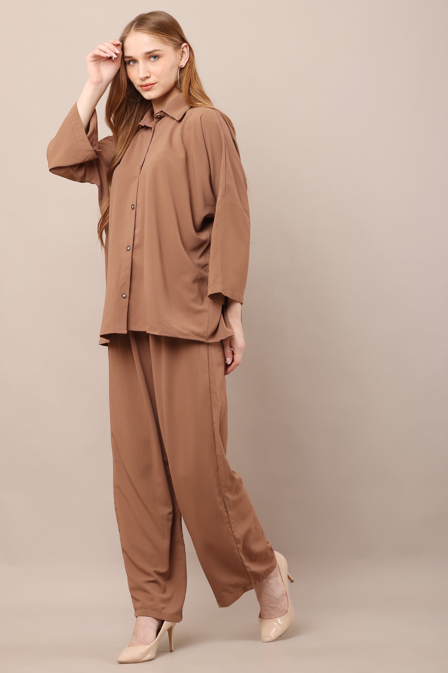 Camel Bliss Co-Ord Set – Relaxed Fit Shirt & Pants Ensemble