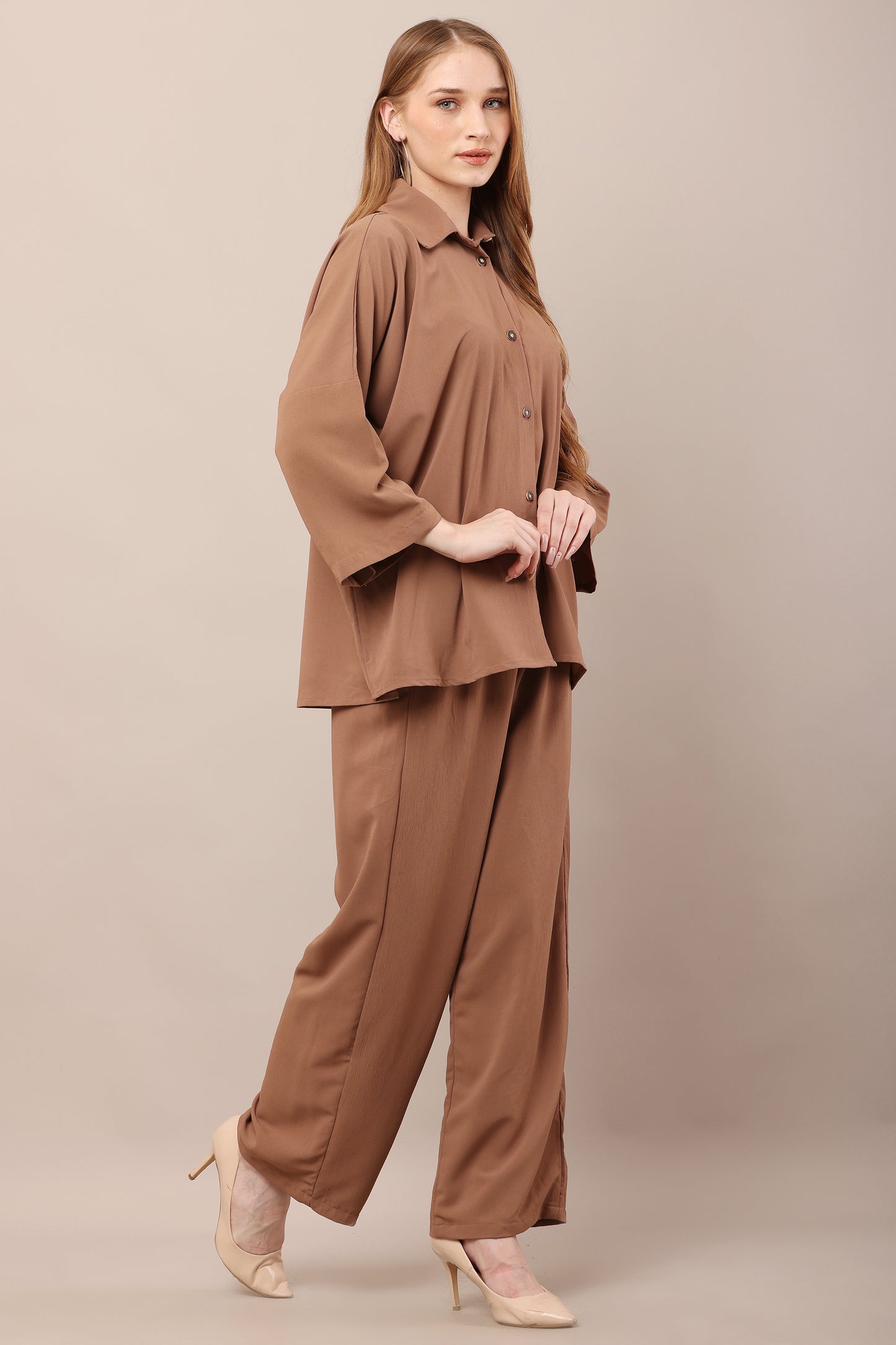 Camel Bliss Co-Ord Set – Relaxed Fit Shirt & Pants Ensemble