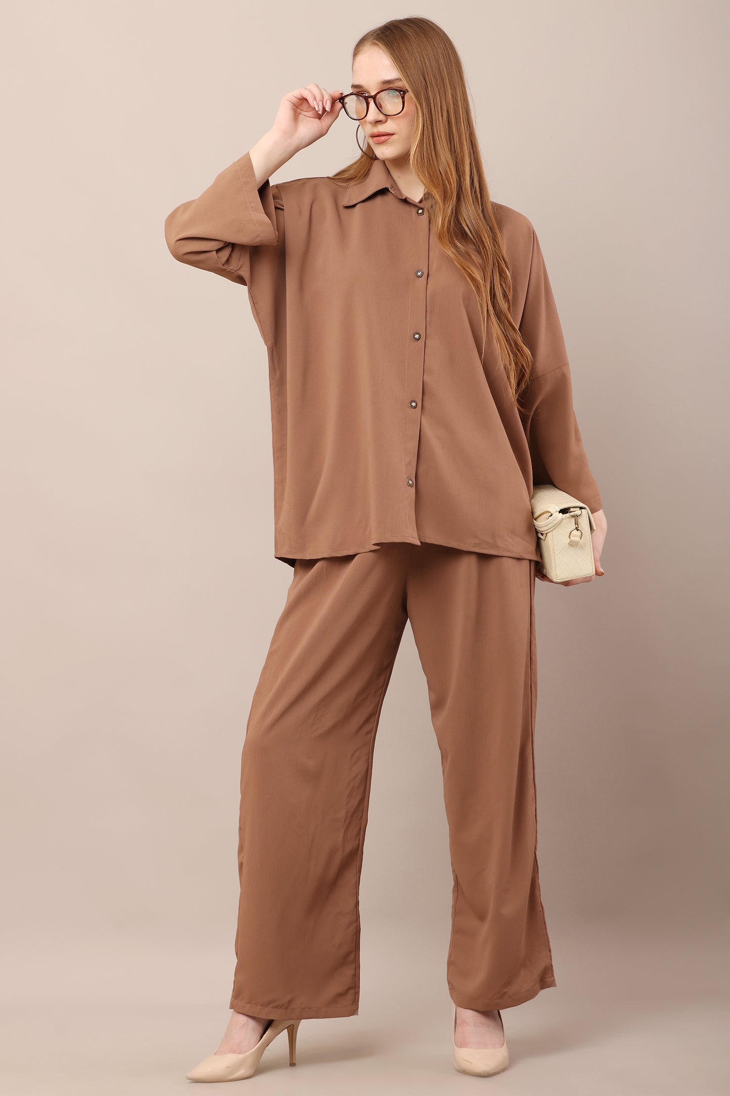 Camel Bliss Co-Ord Set – Relaxed Fit Shirt & Pants Ensemble