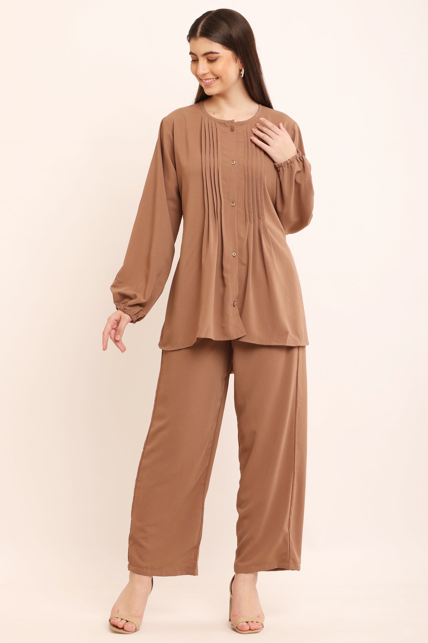 Camel Brown Pleated Luxe Co-Ord Set