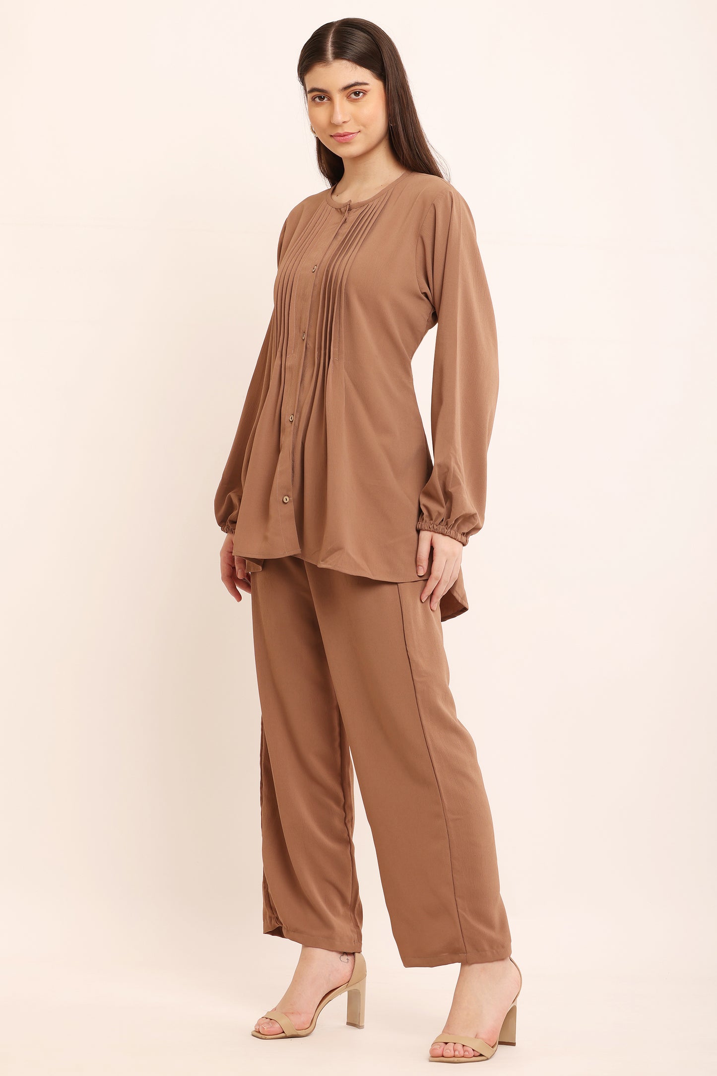 Camel Brown Pleated Luxe Co-Ord Set