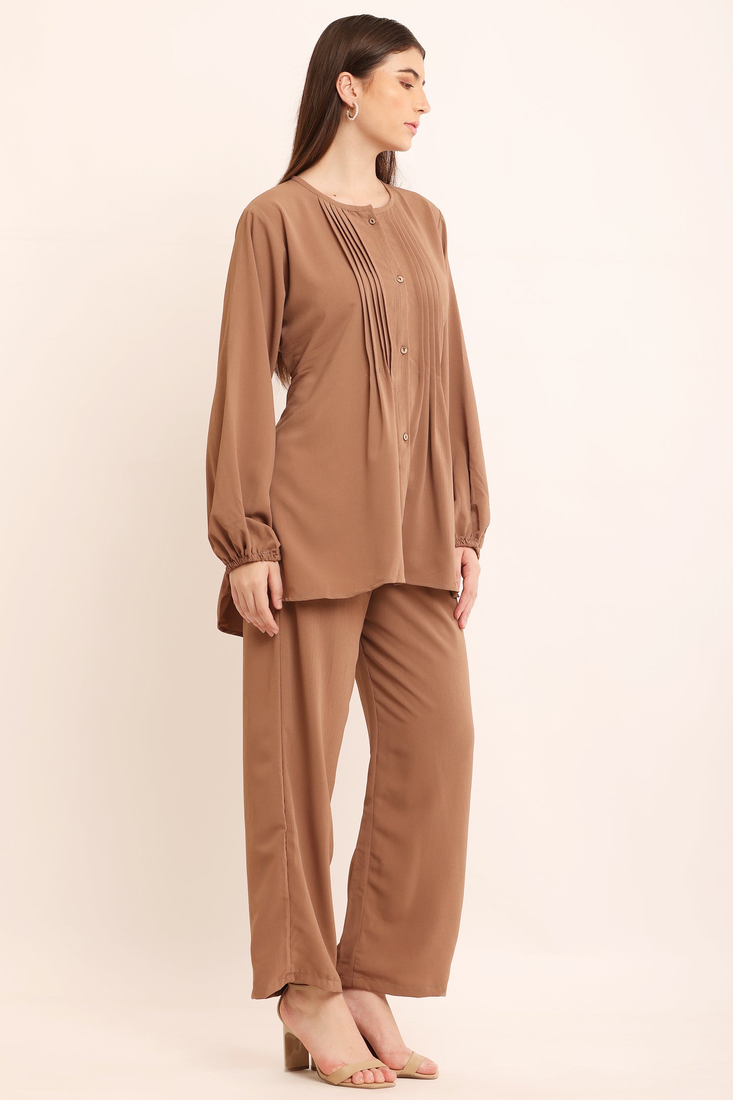 Camel Brown Pleated Luxe Co-Ord Set