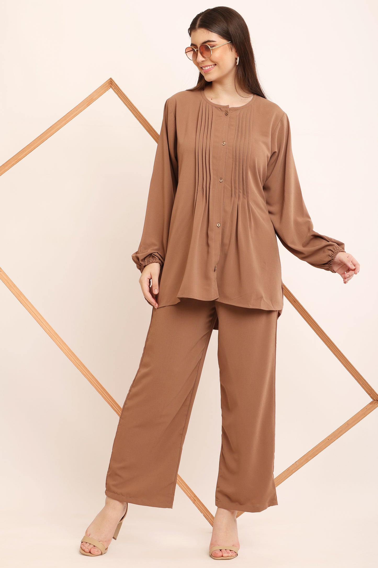 Camel Brown Pleated Luxe Co-Ord Set