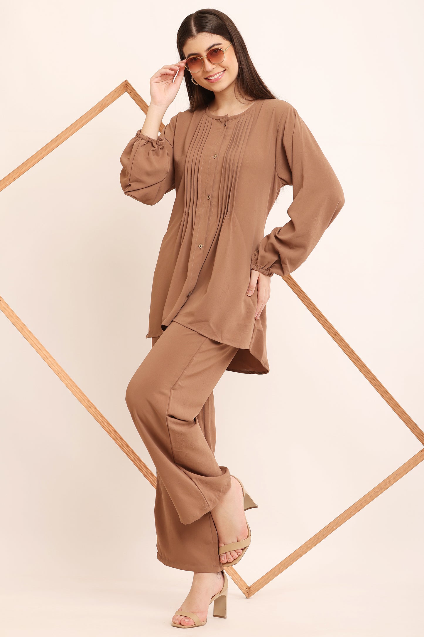 Camel Brown Pleated Luxe Co-Ord Set