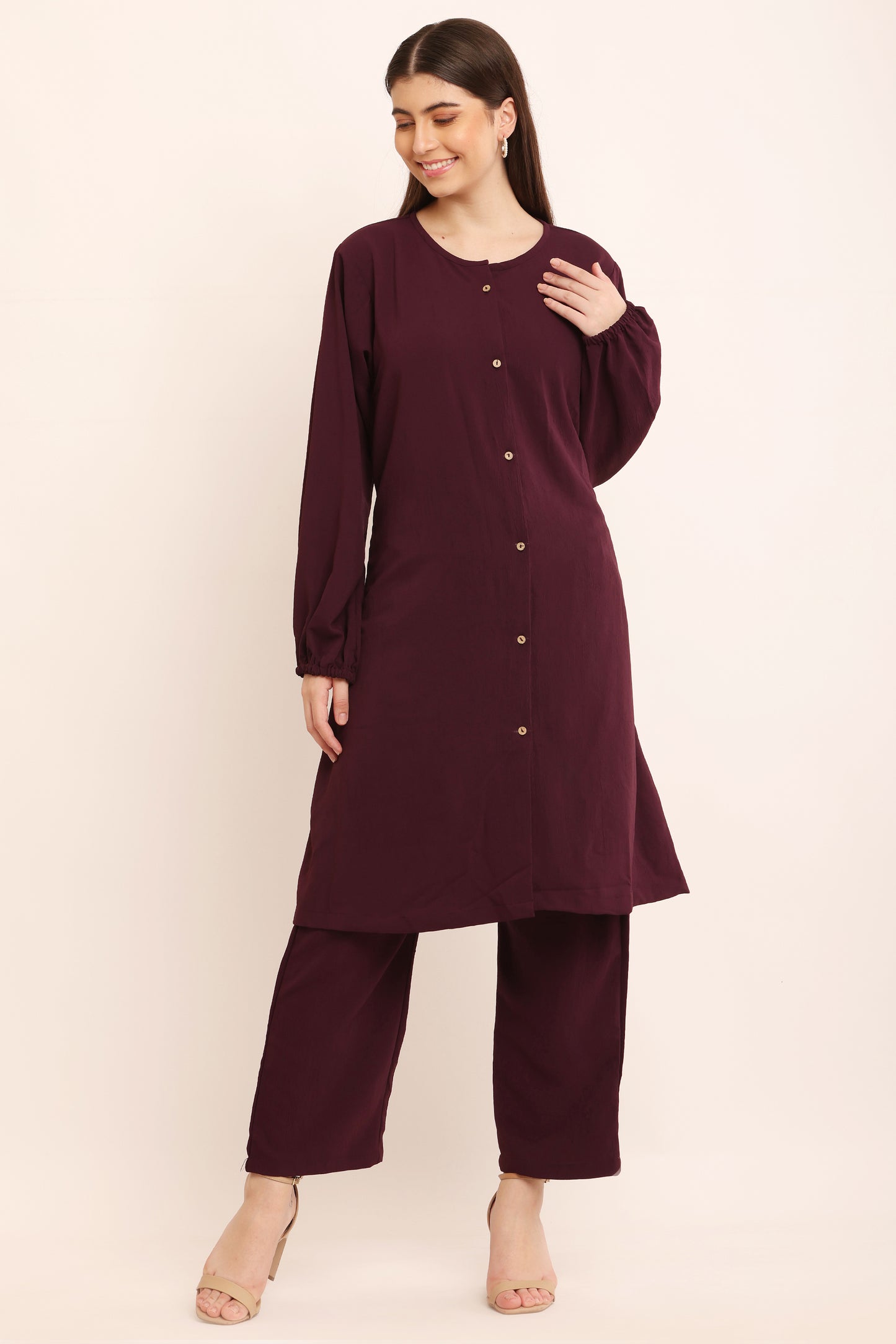 Plum Co-Ord Set with Button-Down Long Kurta and Pants