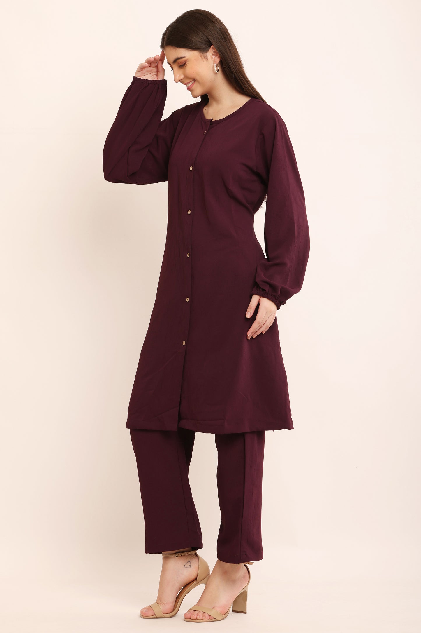 Plum Co-Ord Set with Button-Down Long Kurta and Pants