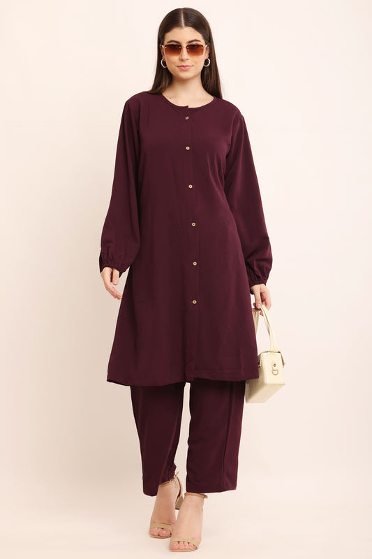 Plum Co-Ord Set with Button-Down Long Kurta and Pants