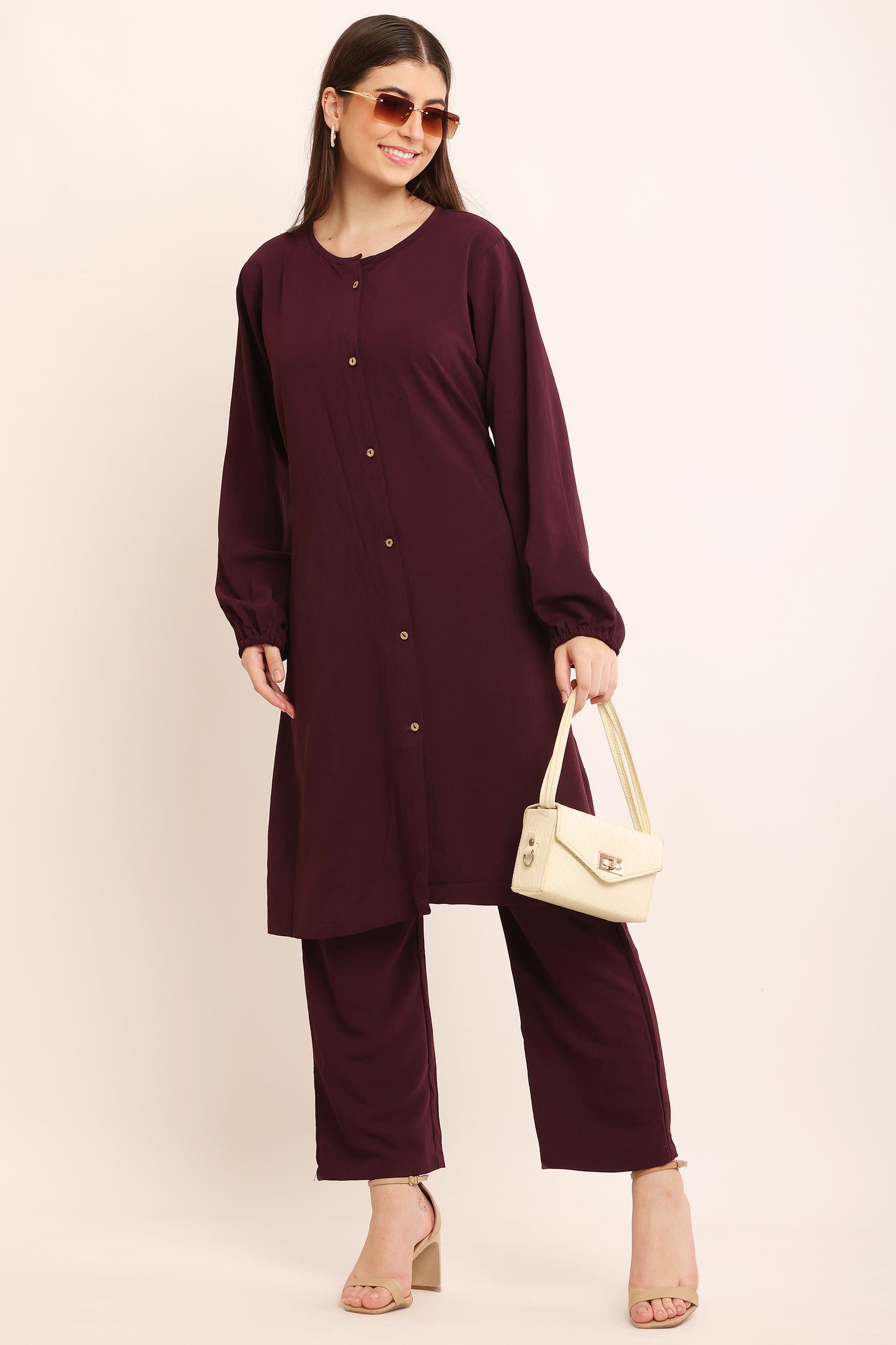 Plum Co-Ord Set with Button-Down Long Kurta and Pants